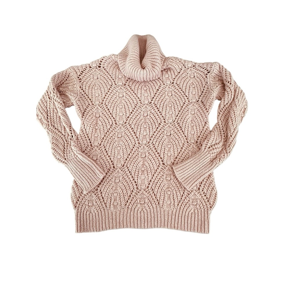 A New Day Open Knit Turtle Neck Sweater Small Dusty Soft Pink Dotted Puff Knit